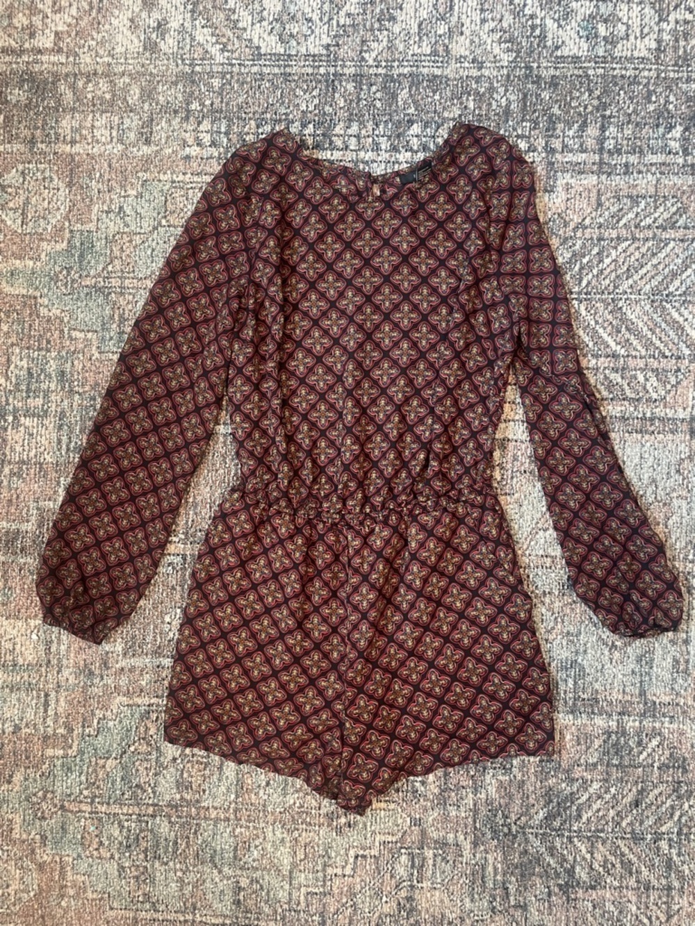 Forever 21 Boho Long Sleeve Romper Small Patterned Smocked Waist Fall Casual